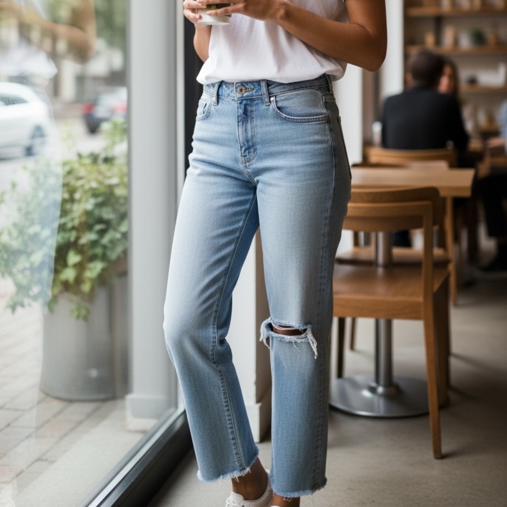 DL1961 Light Blue Straight Jeans with Distressed Detail
